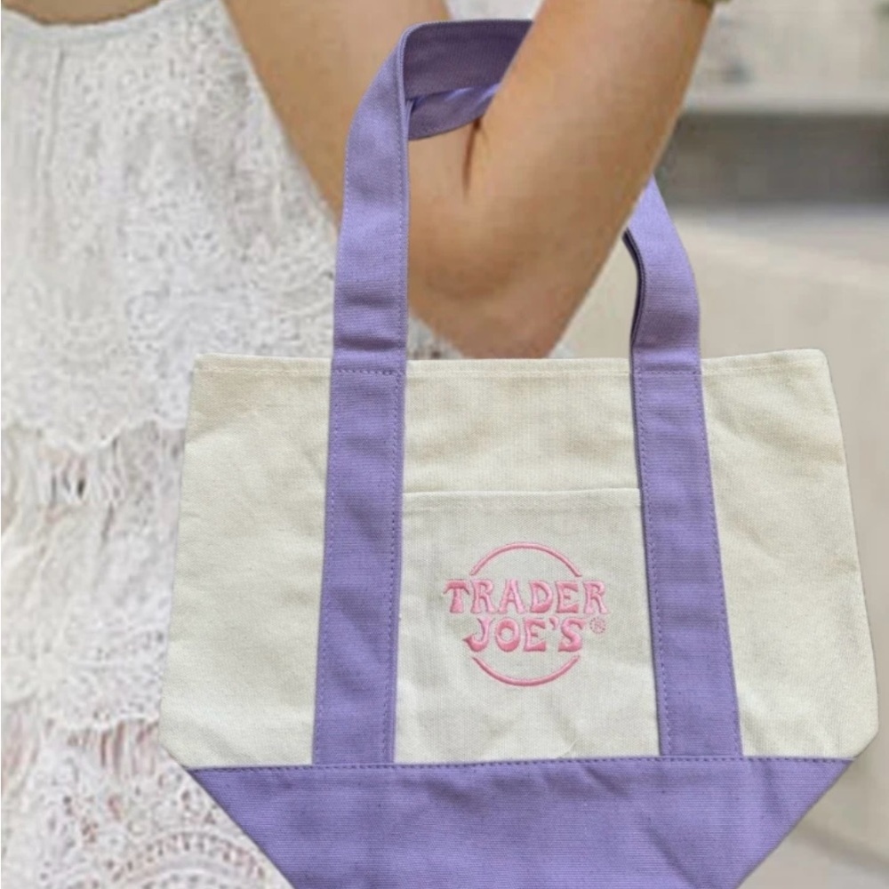 Trader Joe’s is 2025 Lavender and Cream Canvas Tote Bag with Pink Logo
